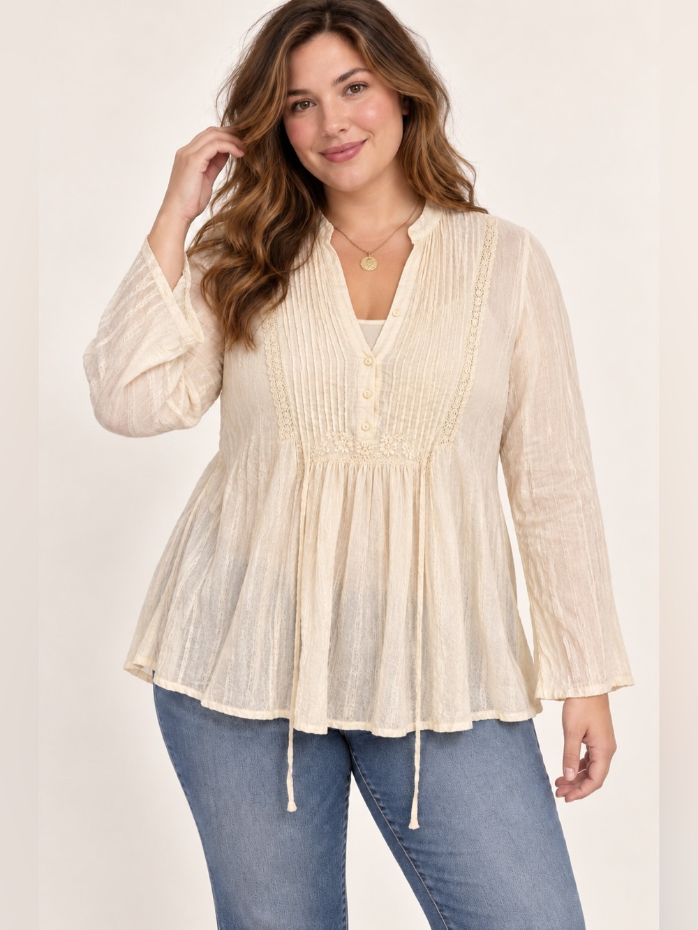 Deadstock Vintage Y2K Faded Glory Ivory Pintuck Lace Boho Blouse XL 16/18